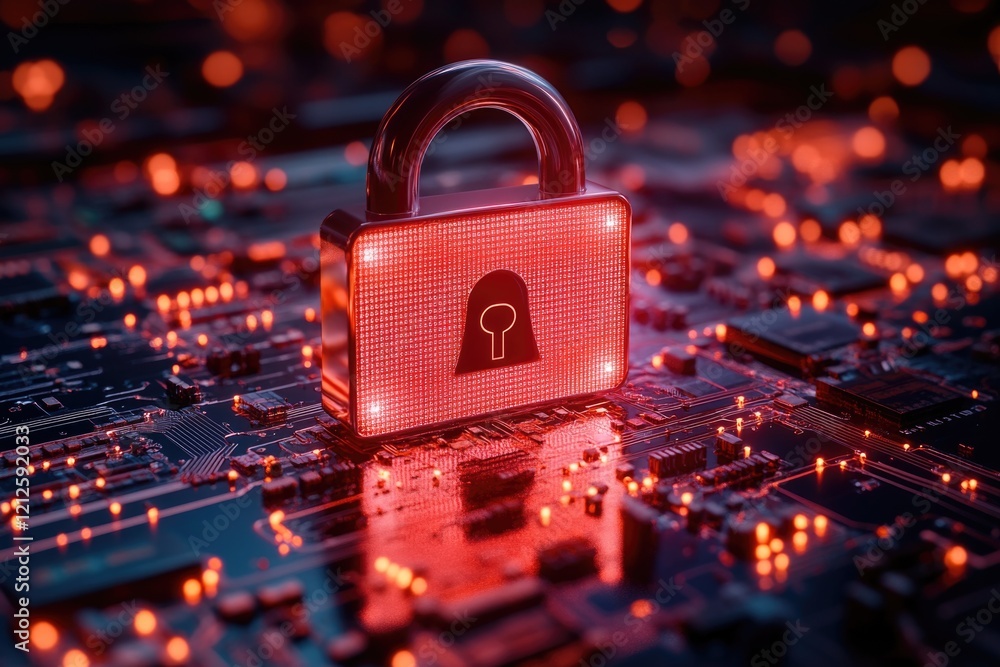Poster a close-up shot of a padlock sitting atop a circuit board, highlighting the intersection of technolo