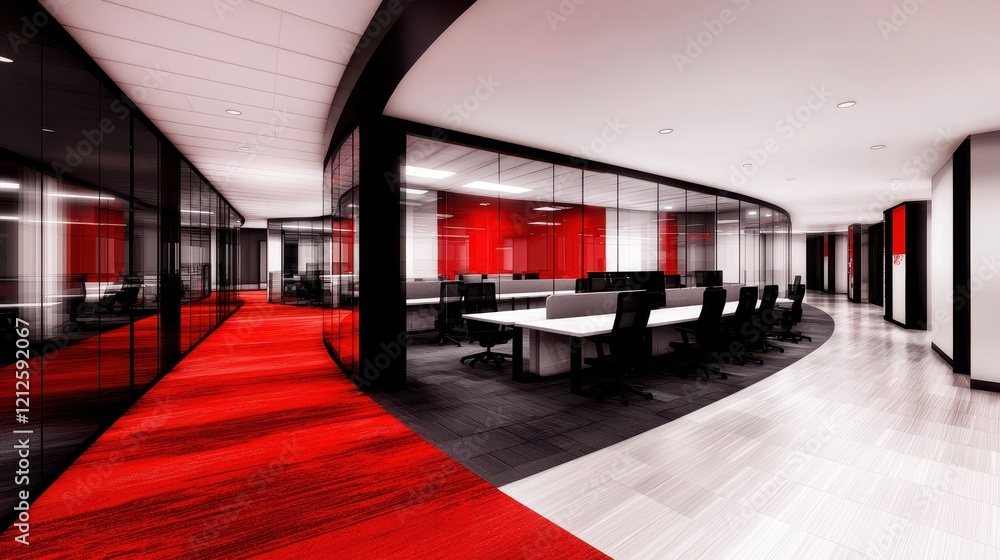 Poster discover modular workspaces with floating desks and chairs, offering a dynamic, modern office design
