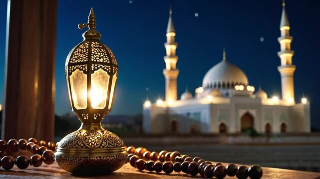 islamic lantern with white mosque background in the night