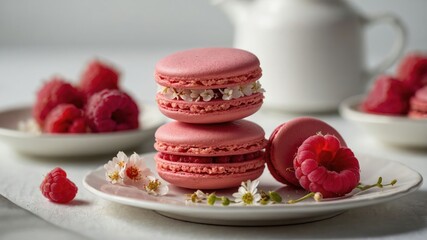 A plate of pink macarons with raspberries and flowers, showcasing a delightful dessert display.