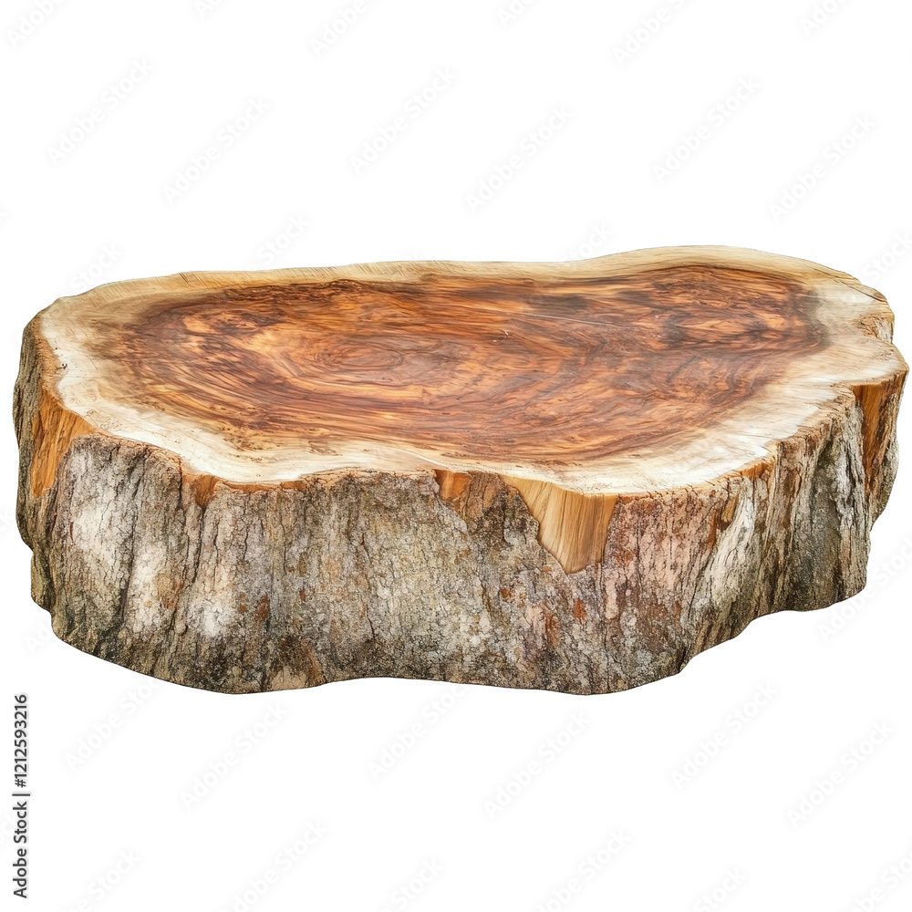 Poster wooden table featuring a natural tree stump as a decorative element in a rustic setting isolated on 
