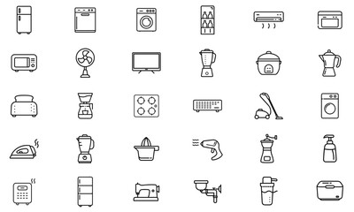 Set of 30 Outline Icons Related to Kitchen, Living Room, Laundry, Cleaning, and Home Appliances. Editable Stroke. Vector Illustration.