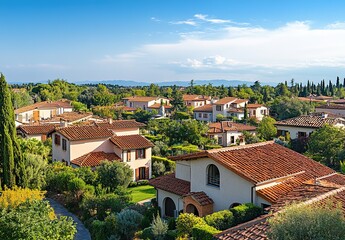 Aerial view of a residential area in Italy, where there is a row with many houses and green trees between them. The buildings have red roof tiles