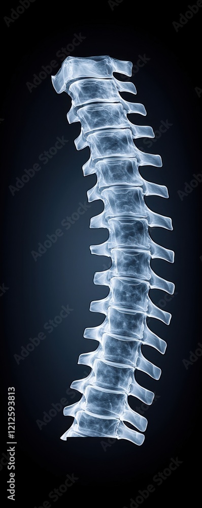 Poster a translucent image of a human spine, showcasing its vertebrae against a dark background, emphasizin