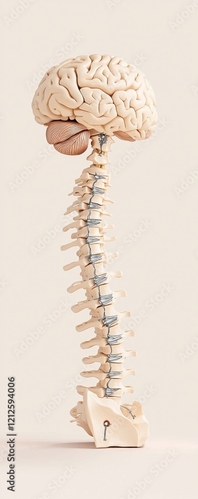 Poster a detailed model of the human brain and spinal column, showcasing the connection between the central