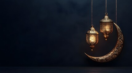 Ornate Crescent Moon with Hanging Lanterns for Ramadan or Eid