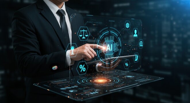 represents AI ethics in a futuristic and high-tech style.