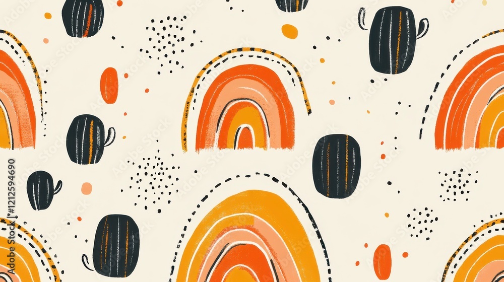 Poster colorful abstract scandinavian pattern with rainbows and cacti digital art modern design symmetrical