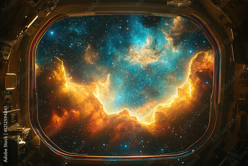 Poster a window view of a space station with stars, suitable for use in futuristic or sci-fi themed project