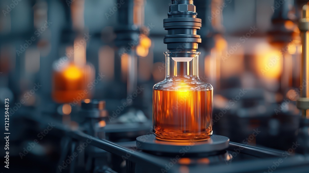 Poster elixir of life concept, steampunk inspired laboratory elixir of life bottle glowing in vintage scien