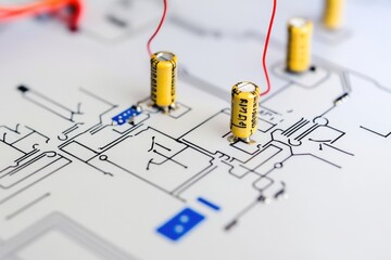 A close-up view of a circuit board featuring multiple capacitors
