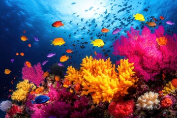 Fototapeta premium A vibrant underwater scene featuring colorful coral reefs and various tropical fish swimming in clear blue water.