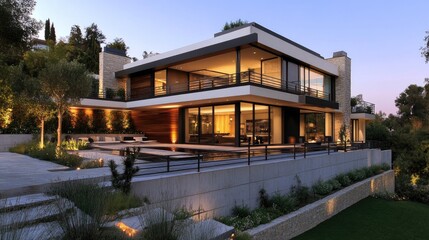 Fototapeta premium A modern metal fence enclosing a contemporary house, with clean lines and a stylish design, showcasing security and elegance in residential architecture.