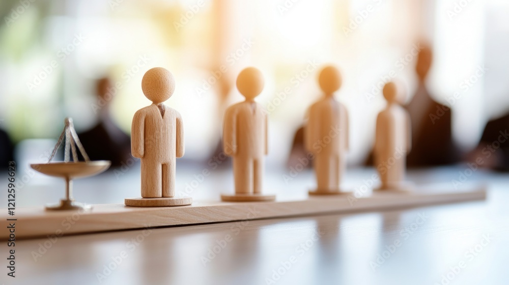 Poster wooden figures on a table with a scale for measuring height or weight in a minimalist setting