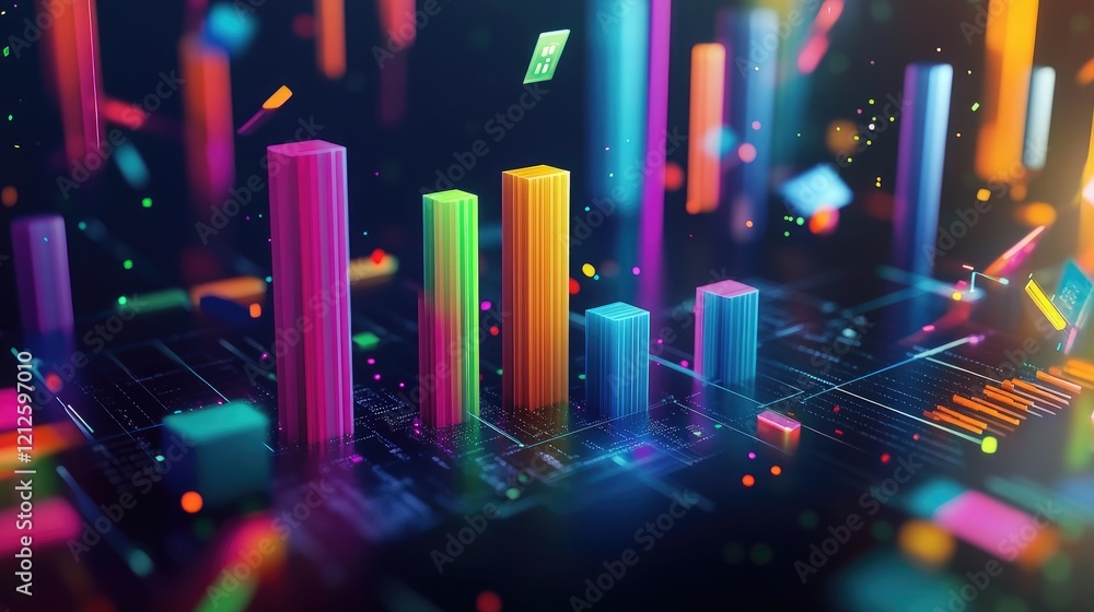 Poster a multi-colored d bar graph emerging from a dark digital surface, surrounded by floating numbers and