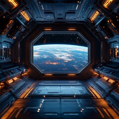 Obraz premium A spaceship interior with a window showing Earth from space, ideal for sci-fi themes, adventure content, and futuristic projects.