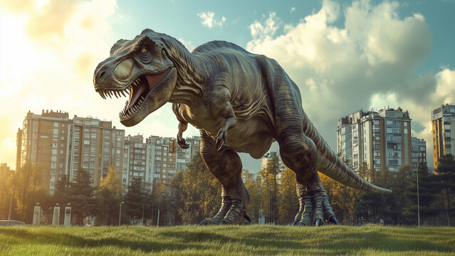 Hypothetical De-Extinction Concept: T-Rex Roaming a City Lawn