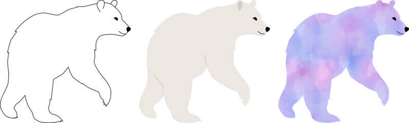 A  vector illustration of a polar bear in 3 styles: clean outline, soft shading, and artistic watercolor. Perfect for greeting cards, children’s books, nature-themed projects, and minimalist decor