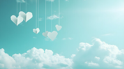 Banner with blue sky and paper cut clouds Place for text Happy Valentine's day sale header or voucher template with hanging hearts.
