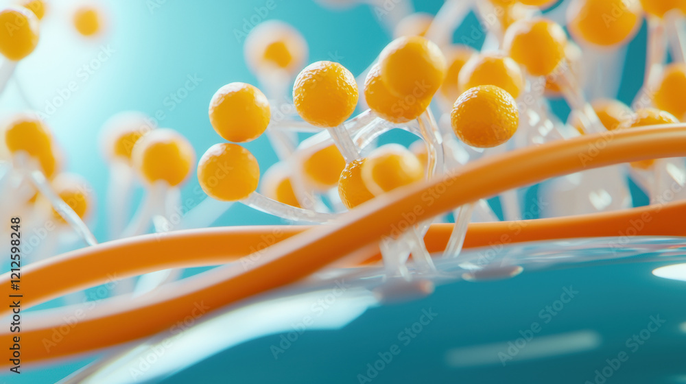 Aufkleber close up of colorful molecular structure with yellow spheres and orange strands, showcasing intricat