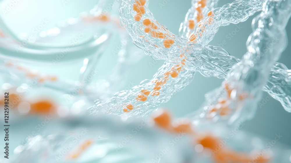 Poster close up view of transparent structure with orange elements, resembling molecular or cellular format