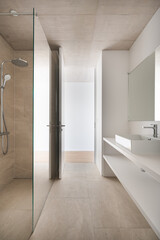 minimalistic perspective of a bright modern luxury clean bathroom