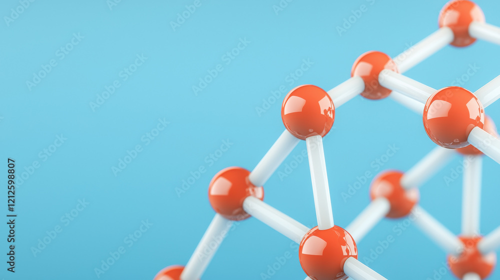 Poster rendering of molecular structure with orange and white atoms on blue background, showcasing scientif