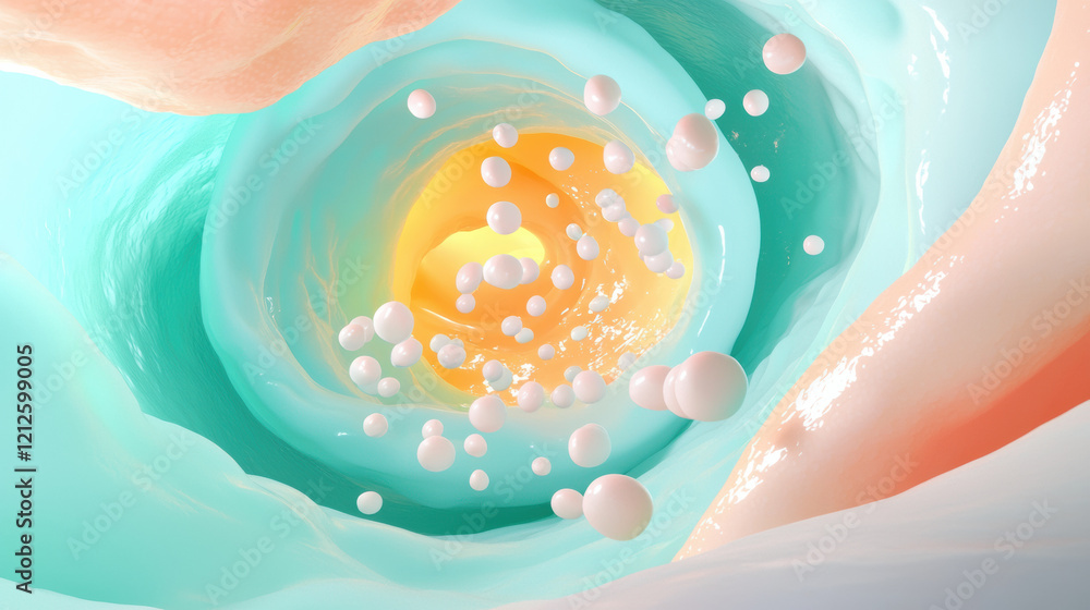 Poster vibrant visualization of cholesterol transport in dynamic, swirling environment, showcasing colorful