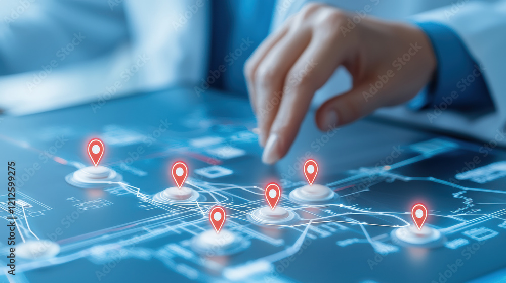 Aufkleber doctor using digital tablet to analyze map with location markers, showcasing advanced technology in 