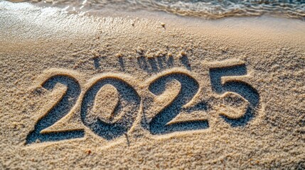 Fototapeta premium A sunny day at the beach with the year 2025 written in the sand