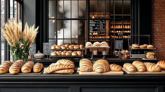 Delicious loaves and pastries line the counter of a charming bakery, inviting visitors to enjoy a warm treat during the day