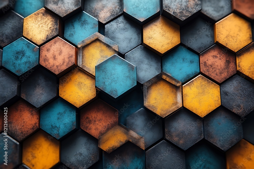 Poster abstract hexagon pattern with distressed metallic colors