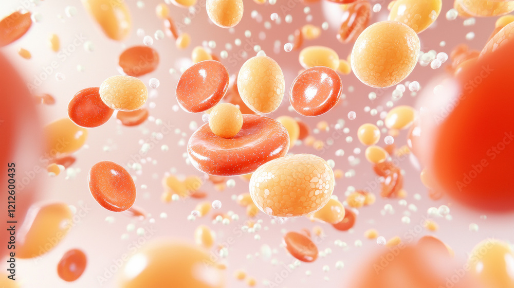 Poster Abstract representation of cholesterol levels with colorful particles floating. This illustrates complexity of blood components and cholesterol