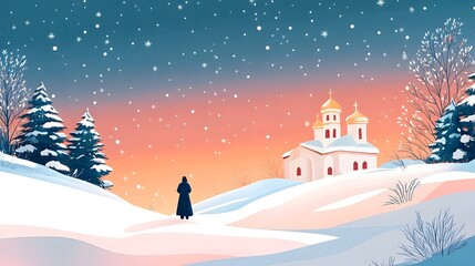 Fototapeta premium Snowy Winter Landscape with Illuminated Orthodox Church Domes at Night