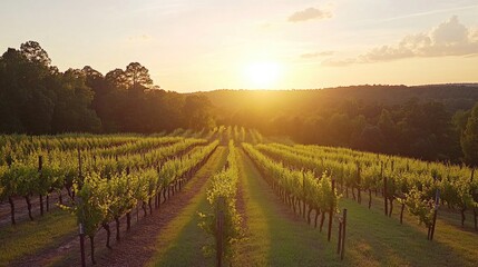 Fototapeta premium A picturesque southern vineyard bathed in soft evening light, with rows of grapevines leading toward a stunning sunset, capturing the essence of wine country.
