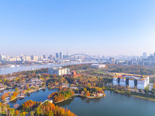 Aerial view of Shanghai skyline and Expo culture park in autumn