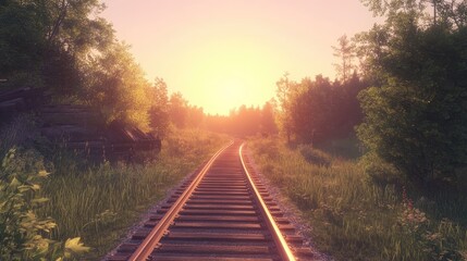 Obraz premium A quiet country scene with wooden train tracks leading into the sunset, capturing the tranquility and charm of rural railways.