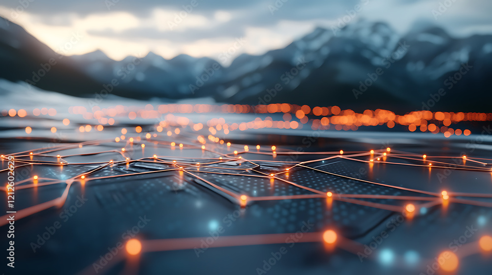 Poster global business network nodes glowing in interconnected grid mountainous background digital artwork 