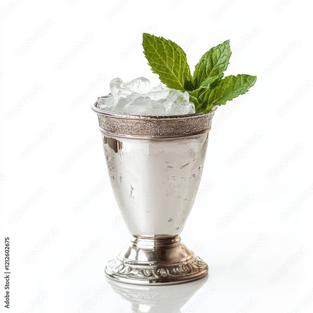 Wall mural An elegant Mint Julep cocktail with crushed ice and fresh mint leaves, served in a traditional silver julep cup, the metal reflecting light