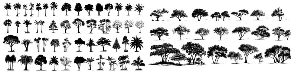 A modern black tree silhouette, part of an isolated set of forest trees on a white background
