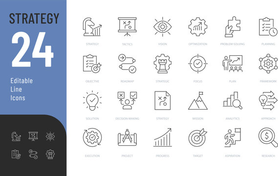 Strategy Line Editable Icons set. Vector illustration in modern thin line style of business related icons: tactics, vision, target, and more. Pictograms and infographics.