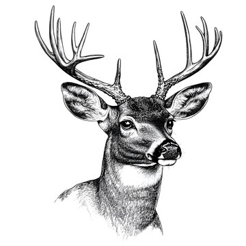 Deer black and white illustration on white background, line art, deer clipart, art for print, ideas for engraving laser, deer with decorations