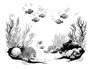 Modern underwater scene depicted in a black and white sketch