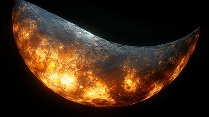 Fiery crescent moon glowing in cosmic night sky, surrounded by soft clouds and stars