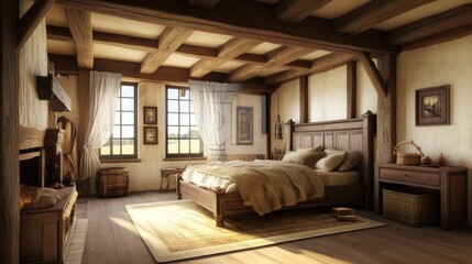 Naklejka premium A rustic-themed bedroom featuring wooden beams, a farmhouse-style bed, and soft, earthy colors, creating a warm and inviting retreat in the countryside.