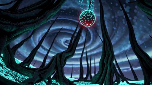 Surreal upside-down forest with crawling spider-like creatures and a glowing sphere in a nightmarish landscape

