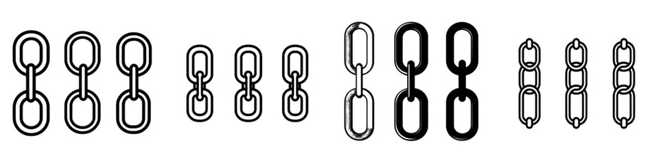 A collection of black chains with varying thicknesses. Chain links are isolated on a white background. Link icon.