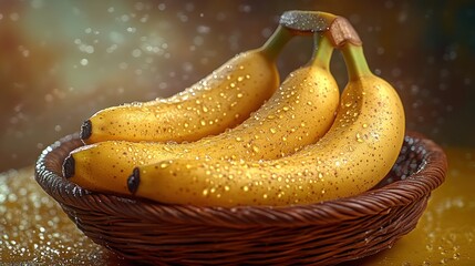 Ripe Bananas in Basket, Water Droplets, Studio Shot