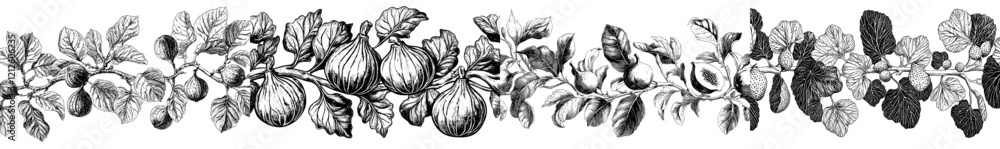 Aufkleber a sketch of a fig rendered using engraving technique. features a modern seamless border of fruits an