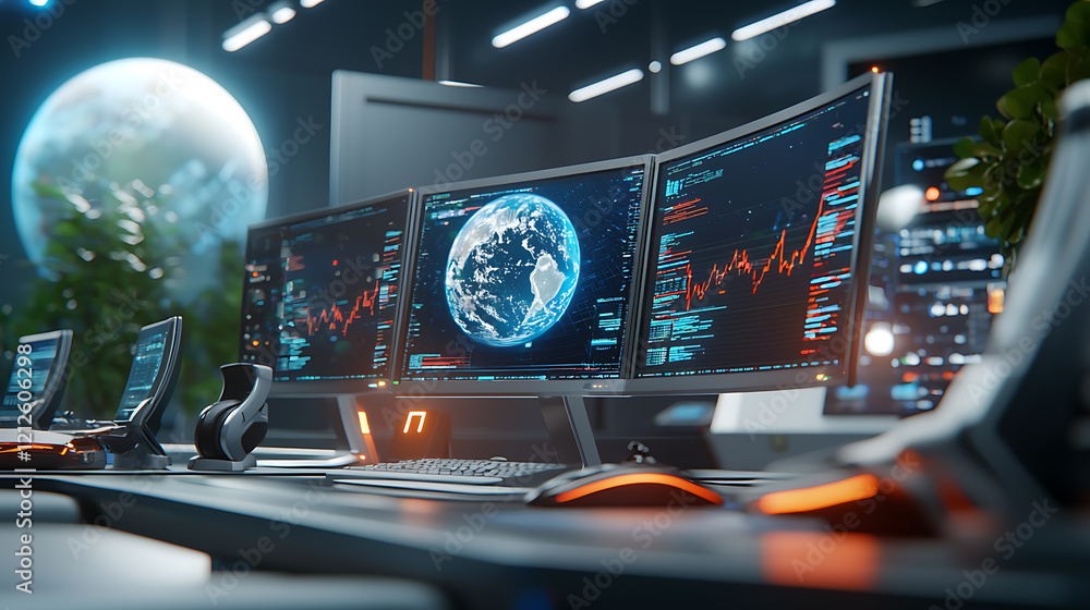 Aufkleber high-tech control room analysis futuristic workspace digital environment illuminated monitors team c